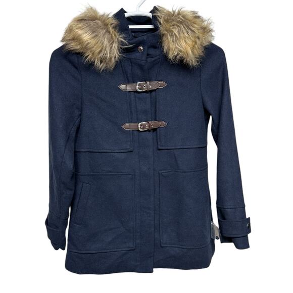Coffee Shop NWT Women's 'Wool Blend Navy Fauz Fir Trimmed Duffle Coat Size Small - Picture 1 of 11